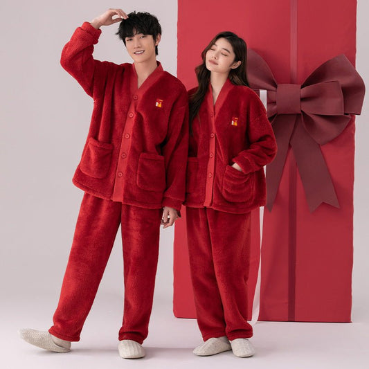 2024 New Velvet Couple Pajamas Women's Winter Fleece - lined Thickened Men's Red Warm Home Clothes Suit - GIMAz Home Decor